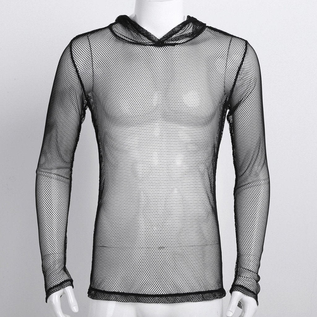 Zwart doorzichtig shirt met capuchon / fishnet heren mannen, Verzenden, Nieuw, Overige maten, Overige thema's