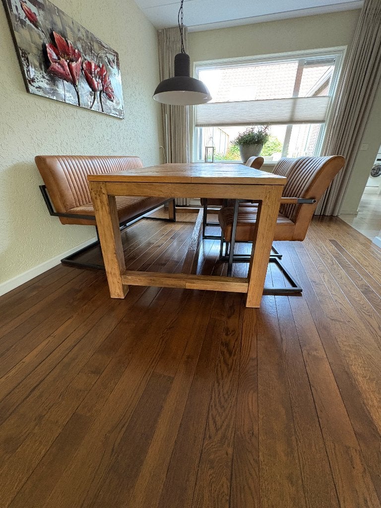 Eettafel met 3 stoelen en bankje - LxBxH 200x100x79, Ophalen, Gebruikt, Industrieel, Minder dan 4 stoelen