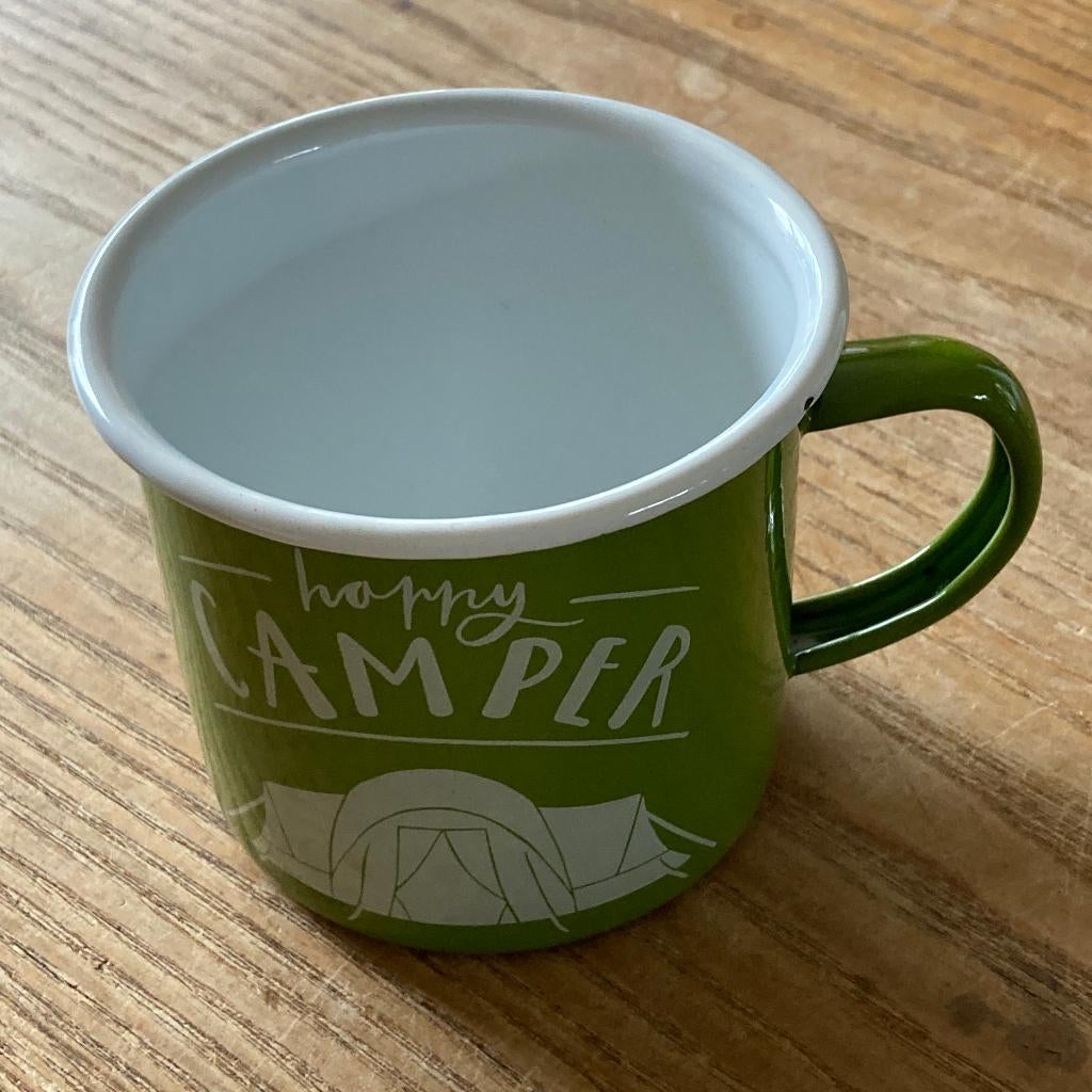 Emaille mok beker groen wit happy camper, Ophalen of Verzenden