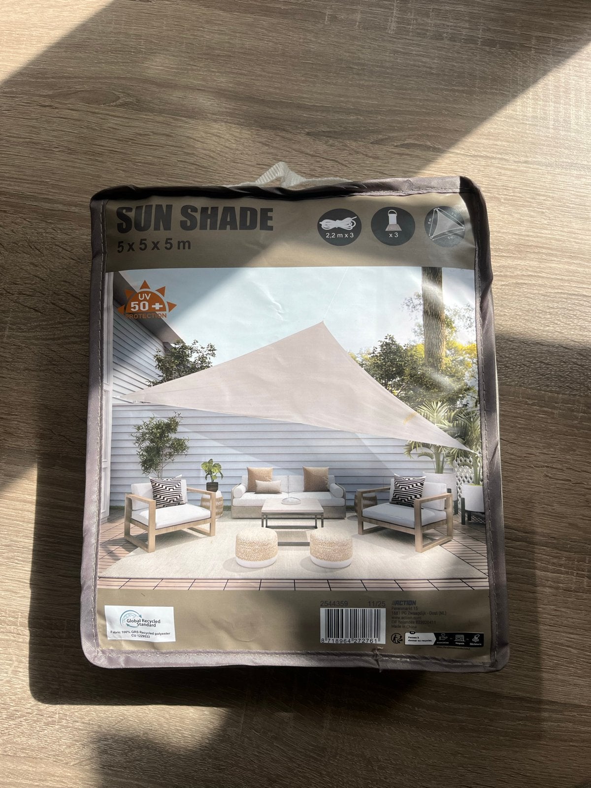 Nieuw Sun Shade Schaduwdoek 5x5x5m UV50+, Tuin en Terras, Schaduwdoeken, Ophalen, Nieuw