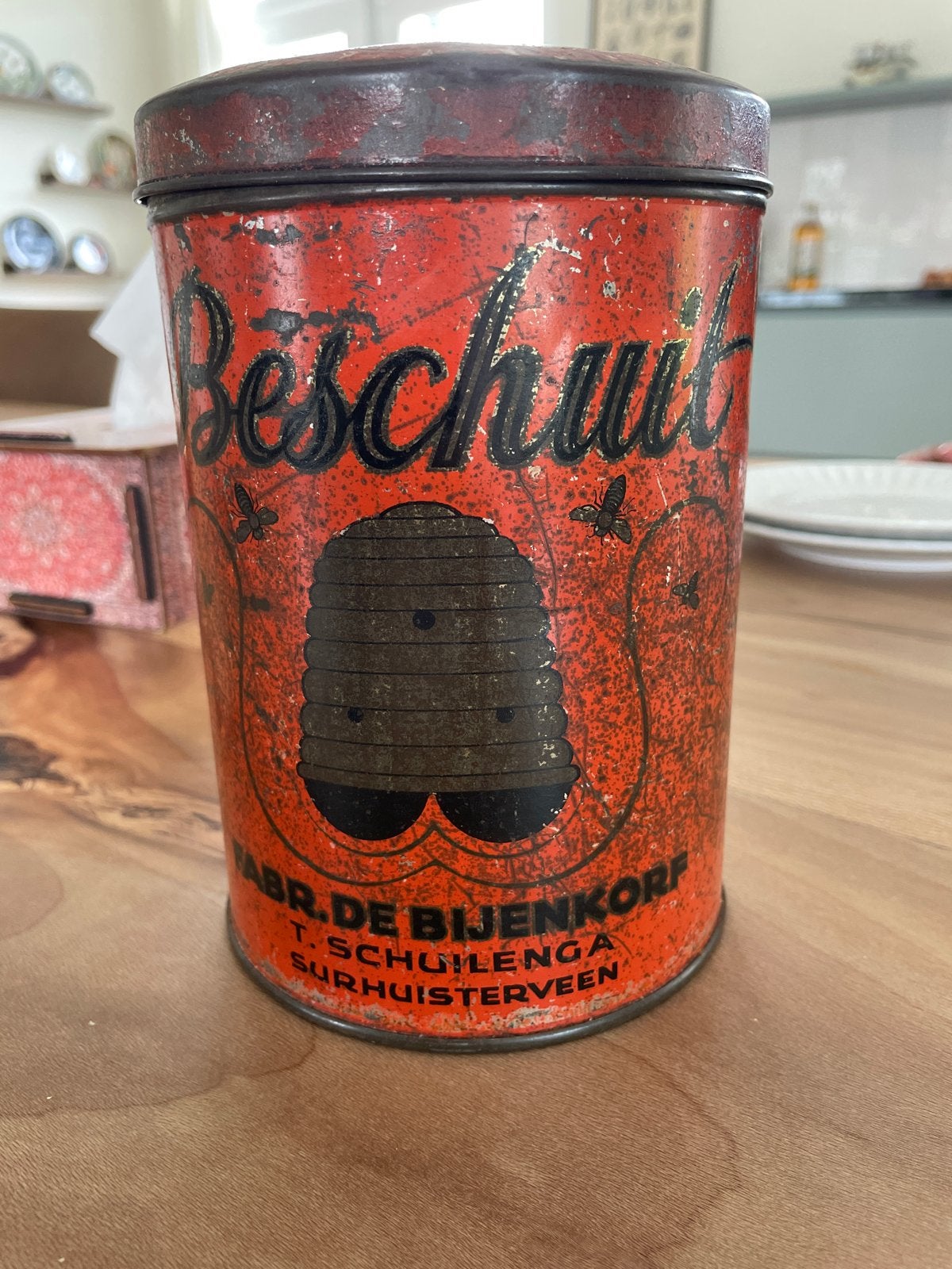 Vintage Beschuitbus 'De Bijenkorf' T. Schuilenga, Antiek en Kunst, Ophalen of Verzenden