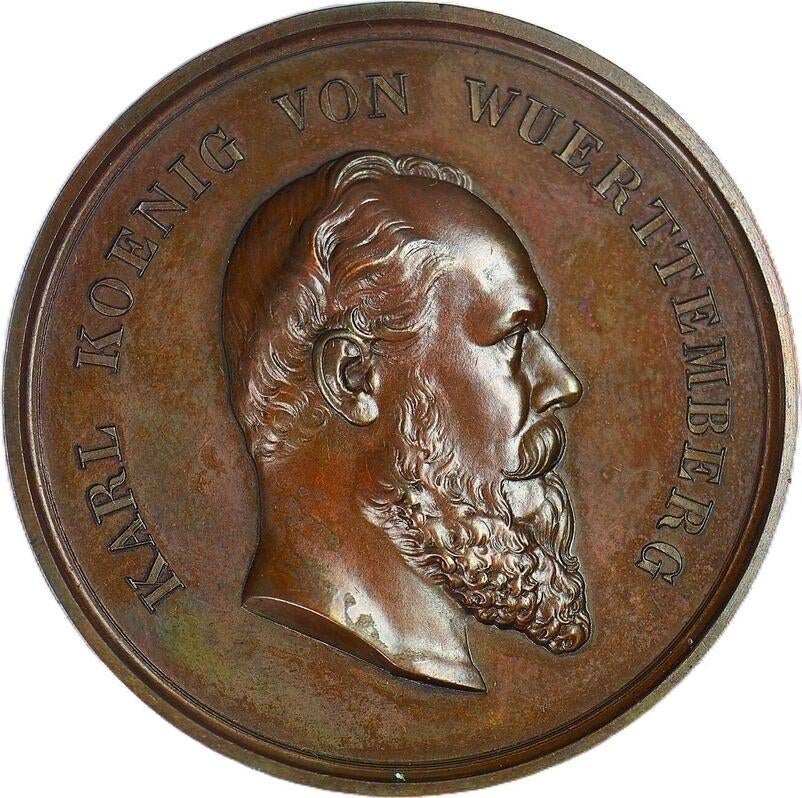 Württemberg penning, Karl I 1864-1891, ambachtsleerlingen EF, Ophalen of Verzenden, Brons, Buitenland
