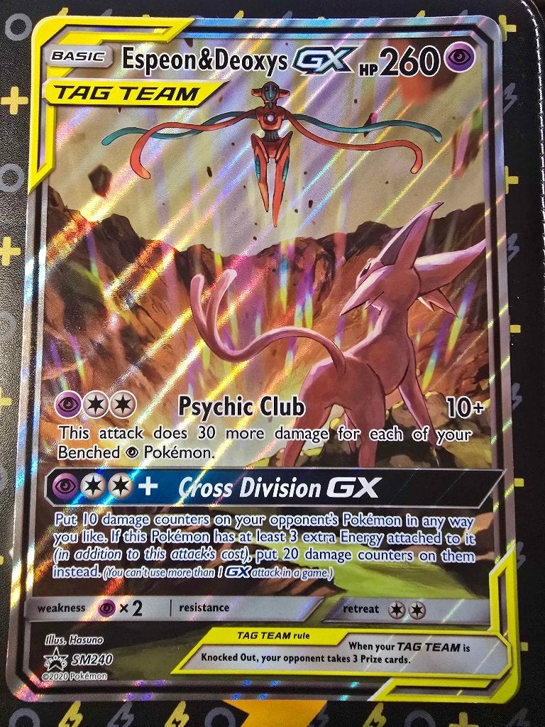 Jumbo Espeon & Deoxys GX Tag Team 240 Pokémon Kaart SM, Ophalen of Verzenden, Zo goed als nieuw, Losse kaart, Foil
