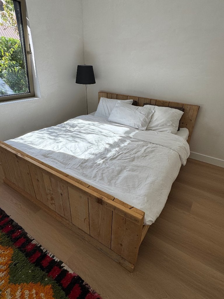 Jorg Steigerhouten bed 180x200, Ophalen, Gebruikt, Bruin, Tweepersoons