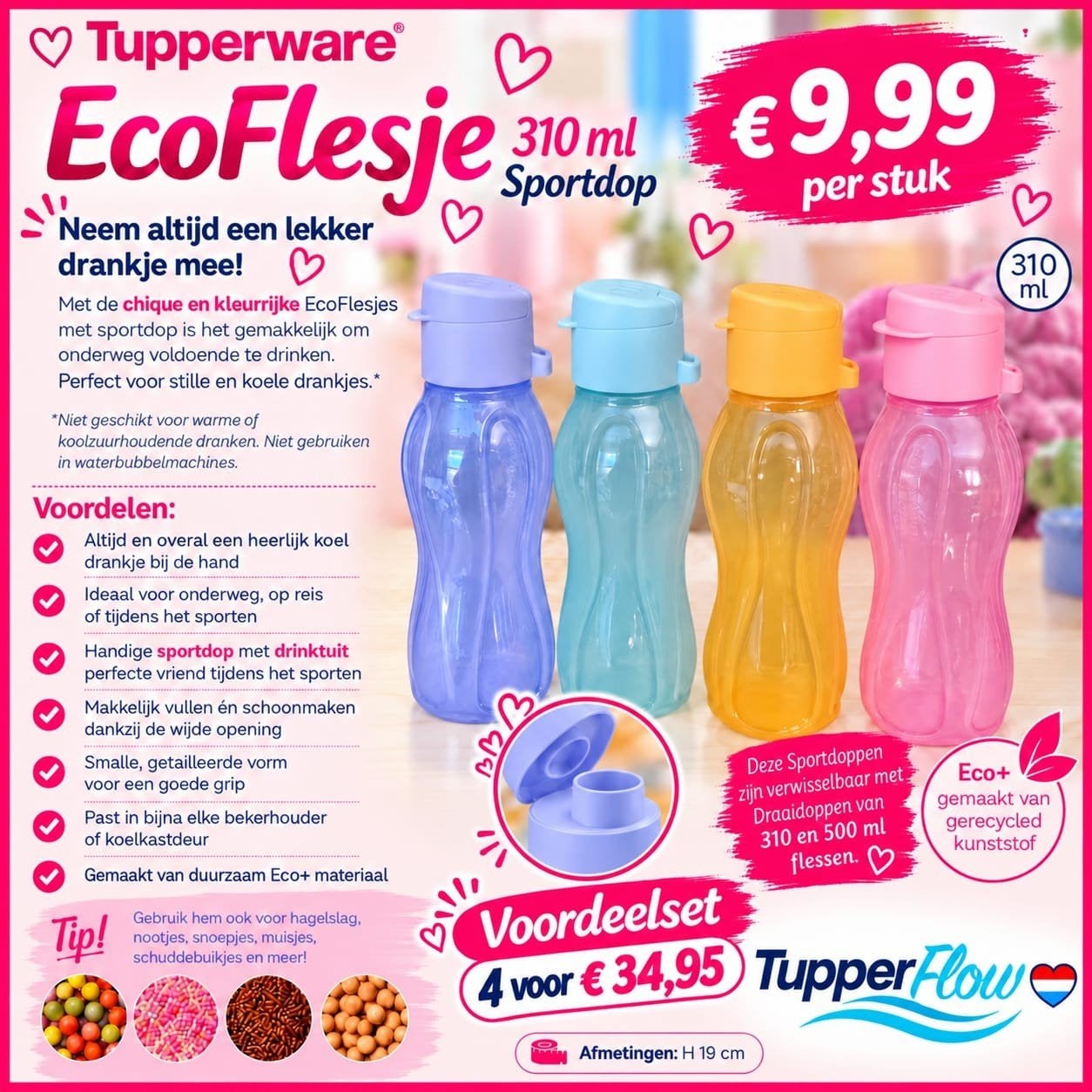 TUPPERWARE Eco flesje 310 ml met Sportdop, Ophalen of Verzenden, Nieuw