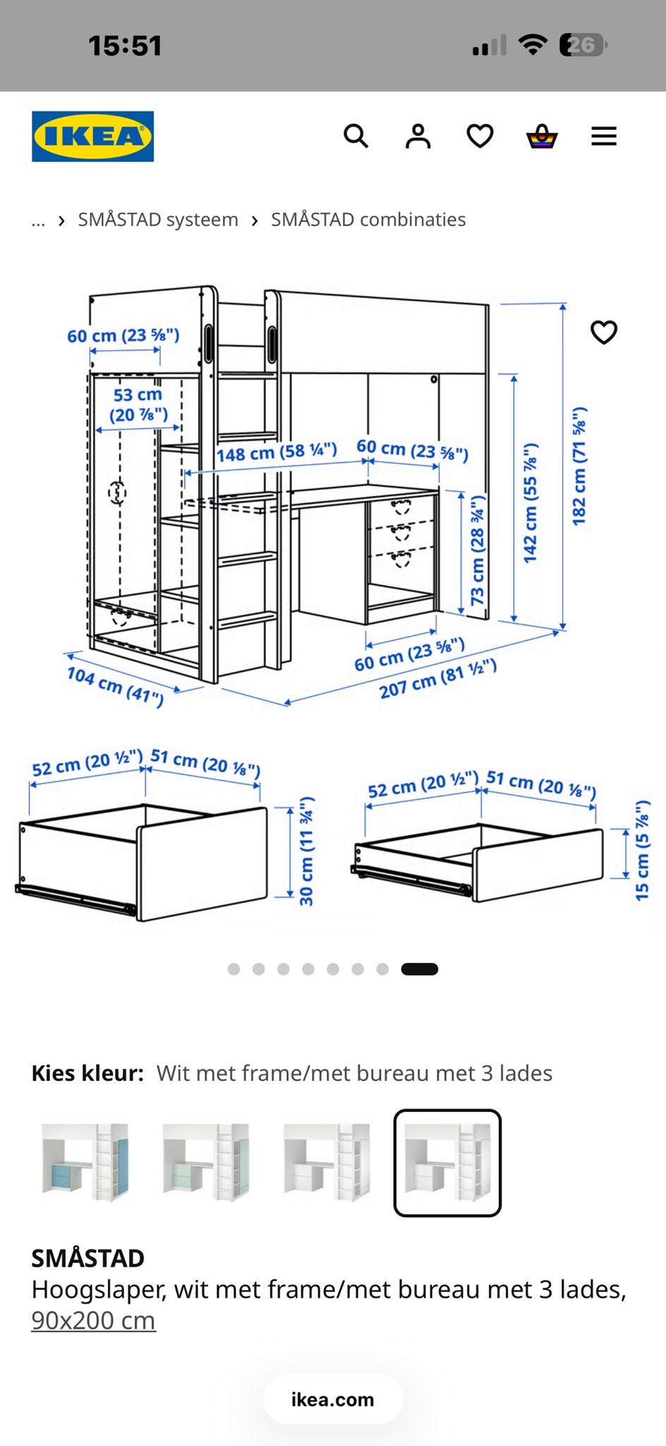 IKEA SMÅSTAD Hoogslaper met bureau en kledingkast, Ophalen, Eenpersoons, Zo goed als nieuw, 200 cm