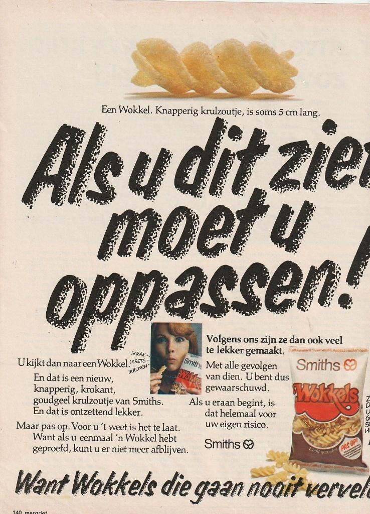 retro reclame 1974 Smiths chips wokkels oppassen, Verzamelen, Retro, Verzenden, Overige typen