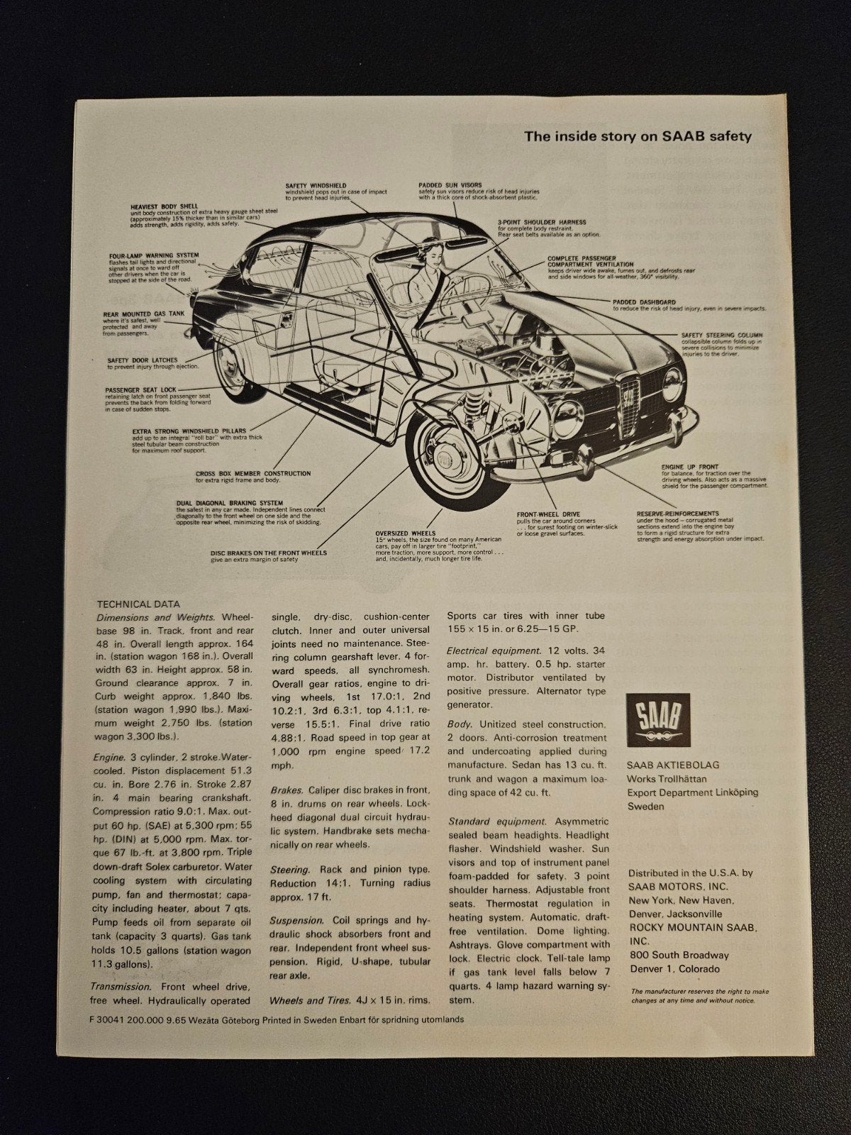 Brochure Saab Special 1965 USA, Verzenden, Zo goed als nieuw, Overige merken
