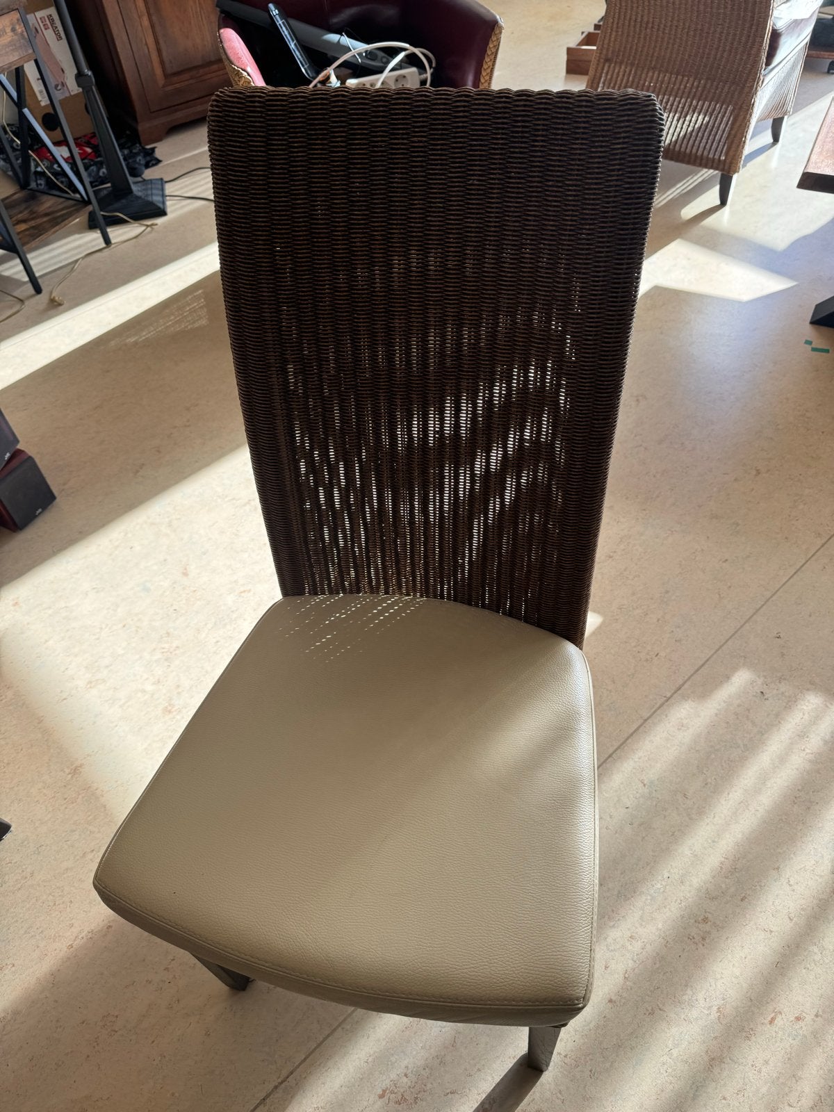 Elegante eetkamerstoelen met rieten rugleuning, Bruin, Creme leer, Leer, Ophalen of Verzenden