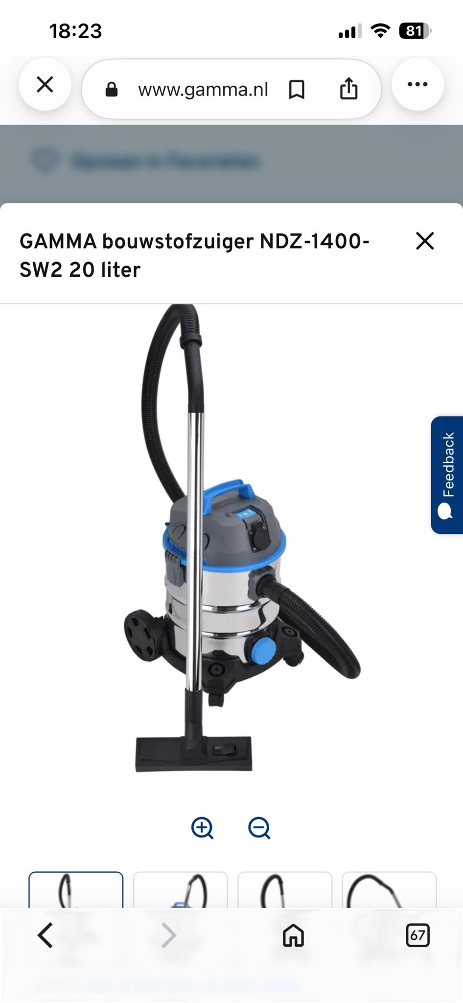 Gamma bouwstofzuiger nat/droog met extra stofzakken, Stofzak, Ophalen of Verzenden, Zo goed als nieuw, Industriële stofzuiger
