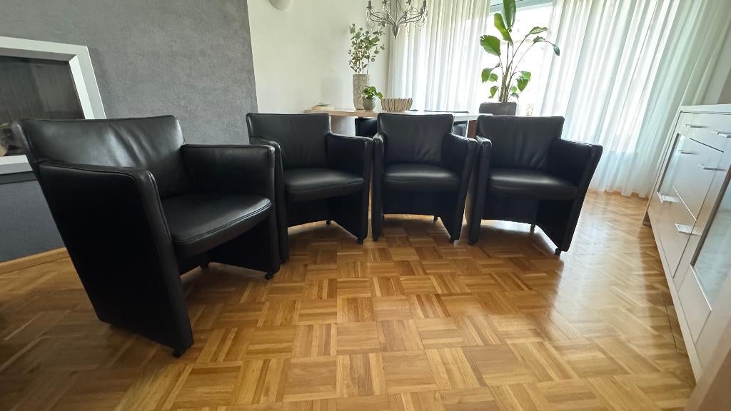 4 zwart leren eethoek fauteuils merk W.Schillig, Ophalen, Overige materialen, Gebruikt, Minder dan 75 cm