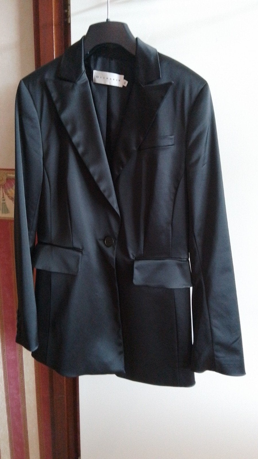 Zwart satijnen jasje scenario., Kleding | Dames, Jasjes, Kostuums en Pakken, Nieuw, Jasje, Maat 38/40 (M), Zwart, Ophalen of Verzenden