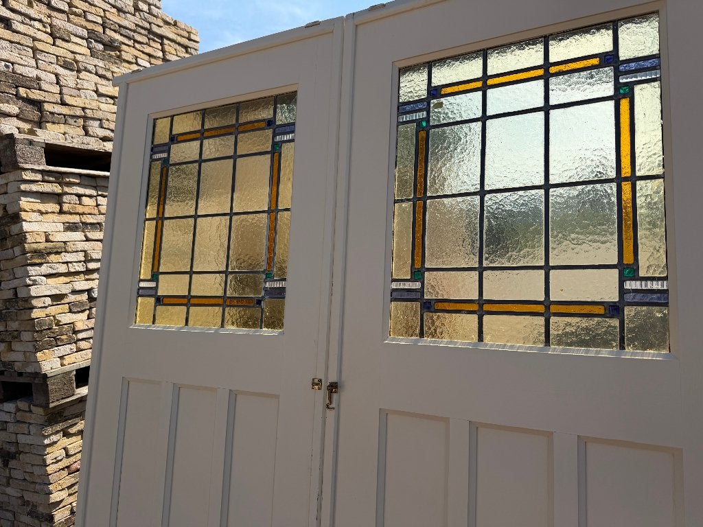 Set schuif / en-suite deuren met glas in lood 214x145cm., Antiek en Kunst, Curiosa en Brocante, Ophalen