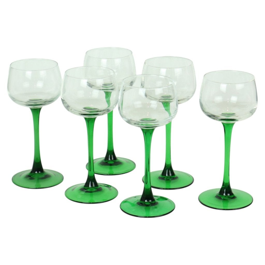 Set Van 6 Vintage Luminarc Elzas Wijnglazen Groene Voet, Ophalen of Verzenden, Zo goed als nieuw, Overige typen