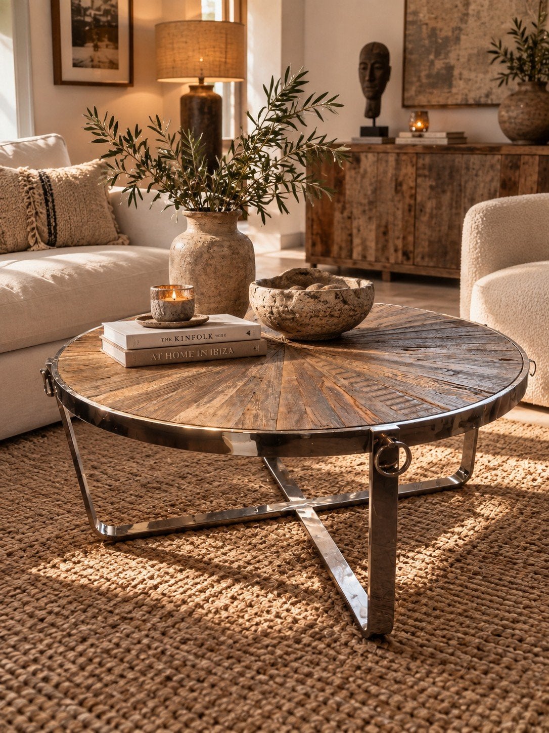 Prachtige Stafford salontafel – rond – hout & RVS – stoer ., Huis en Inrichting, Ophalen, 50 tot 100 cm, Teakhout, Rond