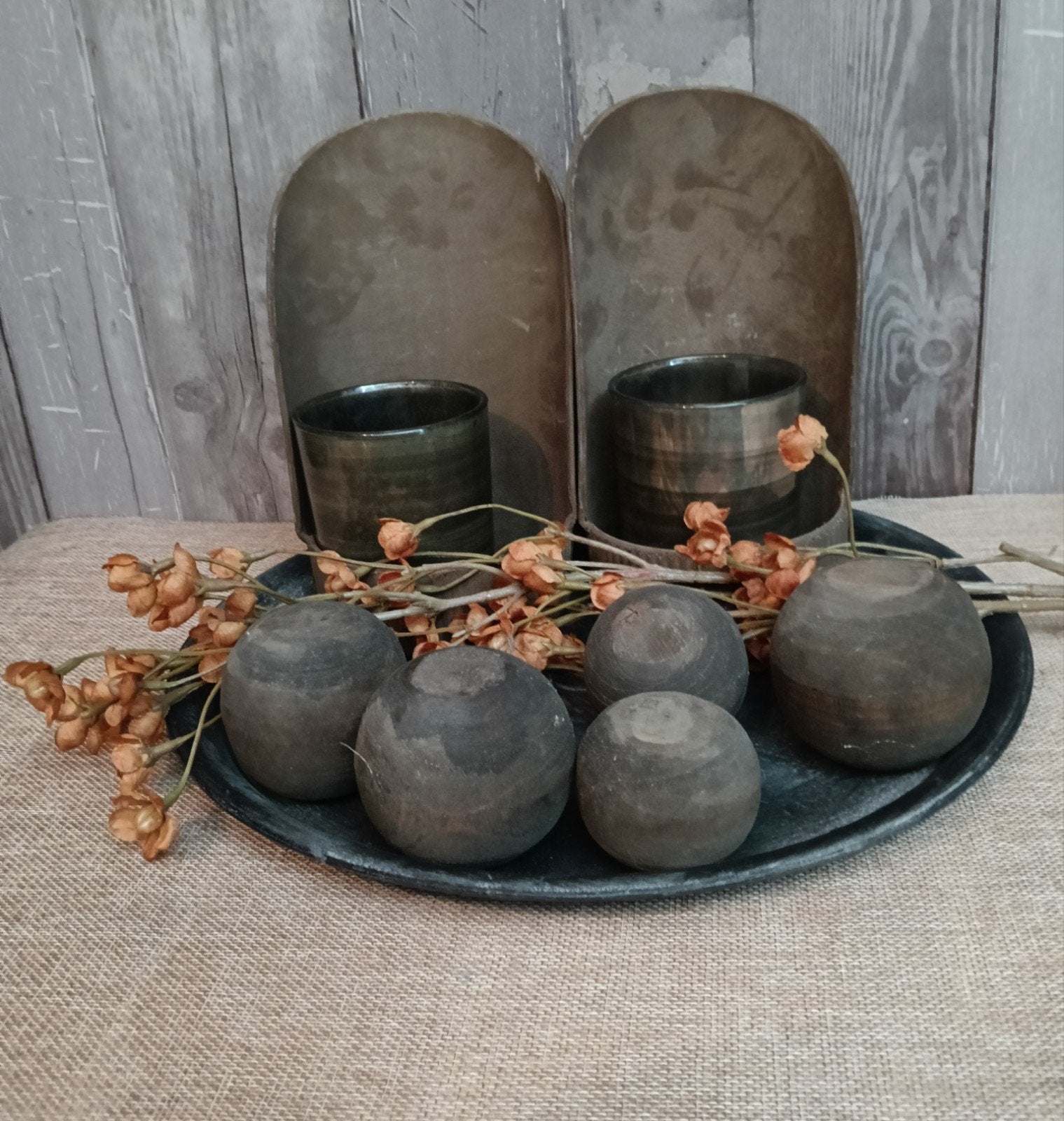 Decoratieve set: Dienblad, tak, blakers en houten ballen, Huis en Inrichting, Hout, Gebruikt, Meerkleurig, Onbekend