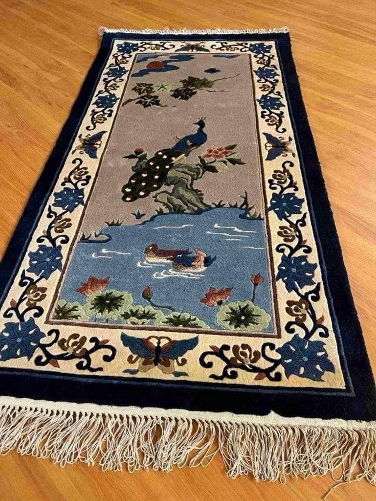 Pine & Crane zijden Chinees tapijt 122/62, 100 tot 150 cm, Blauw, Djt@dejuistetoon.eu, Zo goed als nieuw