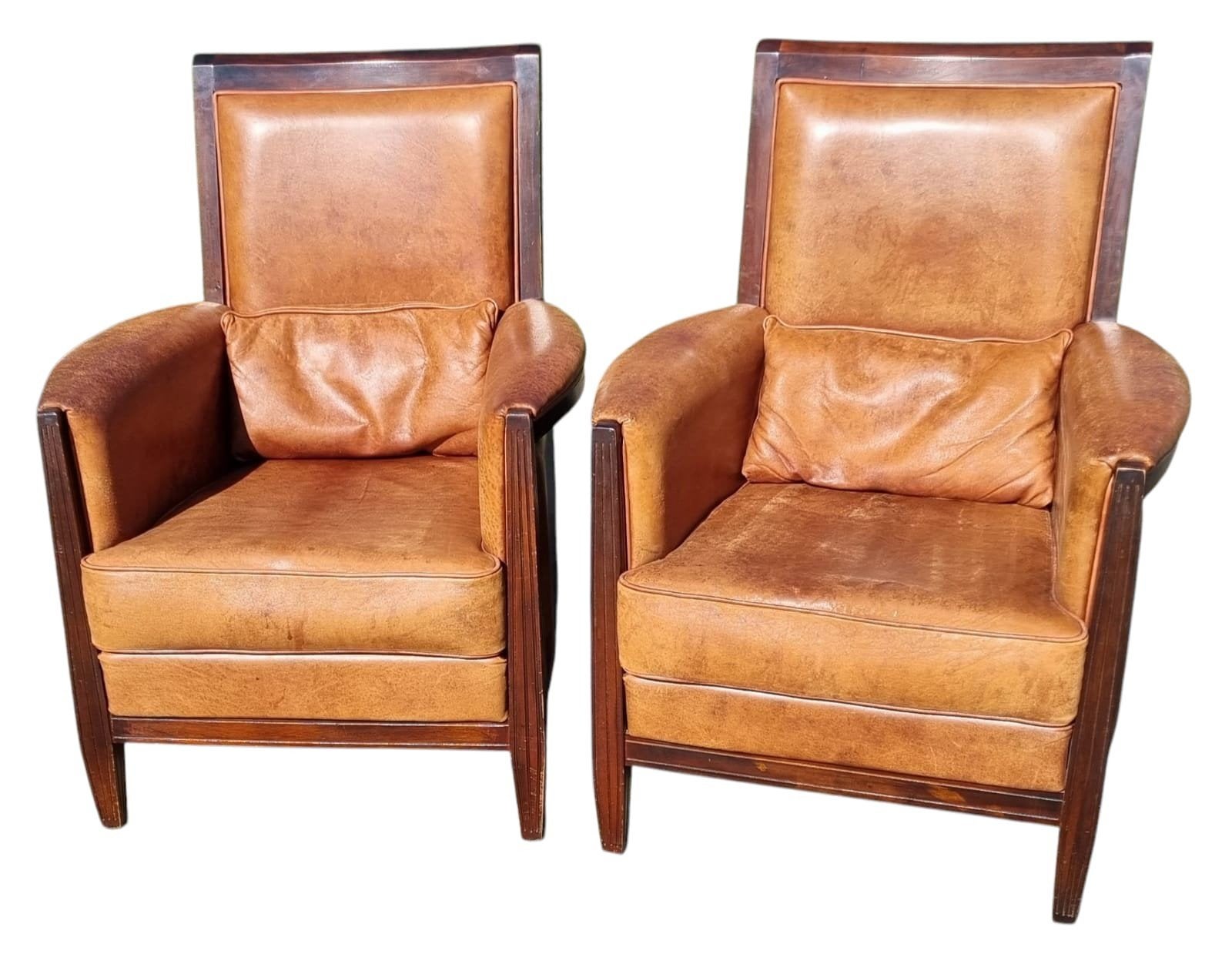 2 klassieke schapenleren fauteuils met hout + BEZORGING, Gebruikt, ., Chesterfield, 75 tot 100 cm