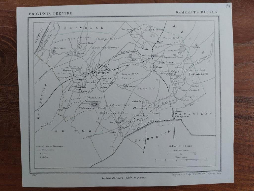 24 / Ruinen - Gijsselte - Rhebruggen Litho uit 1867 Kuyper, Ophalen of Verzenden