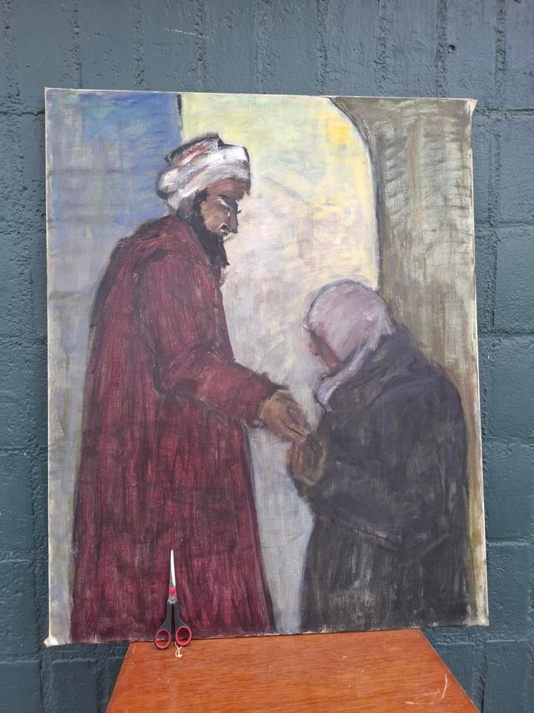 Oriëntalistisch schilderij – Bedelaar / aalmoes scène, Antiek en Kunst, Antiek | Religie, Ophalen
