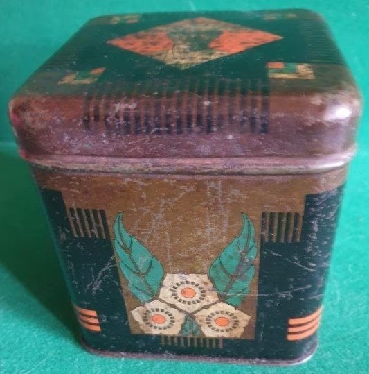 Vintage blikken trommel Art Deco decoratie Amsterdamsche Tin, Verzamelen, Ophalen of Verzenden, Gebruikt, Koek(jes), Overige merken