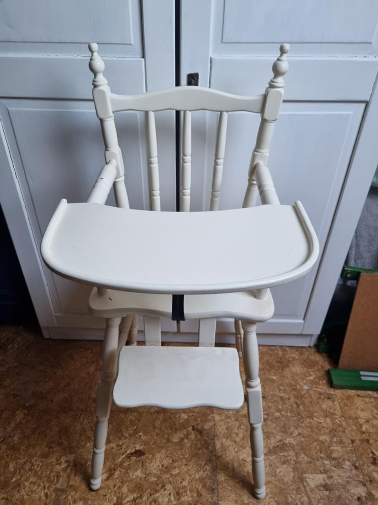 Vintage of antieke houten kinderstoel met eetblad, Ophalen, Gebruikt, Meegroeistoel, Gordel(s)