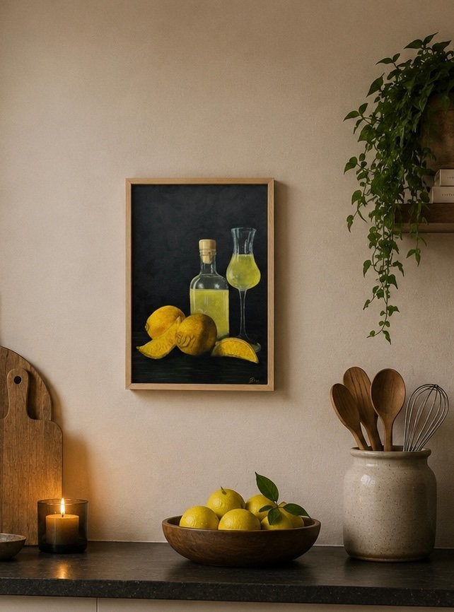 Vrolijk schilderij van een flesje limoncello met citroenen, Ophalen of Verzenden