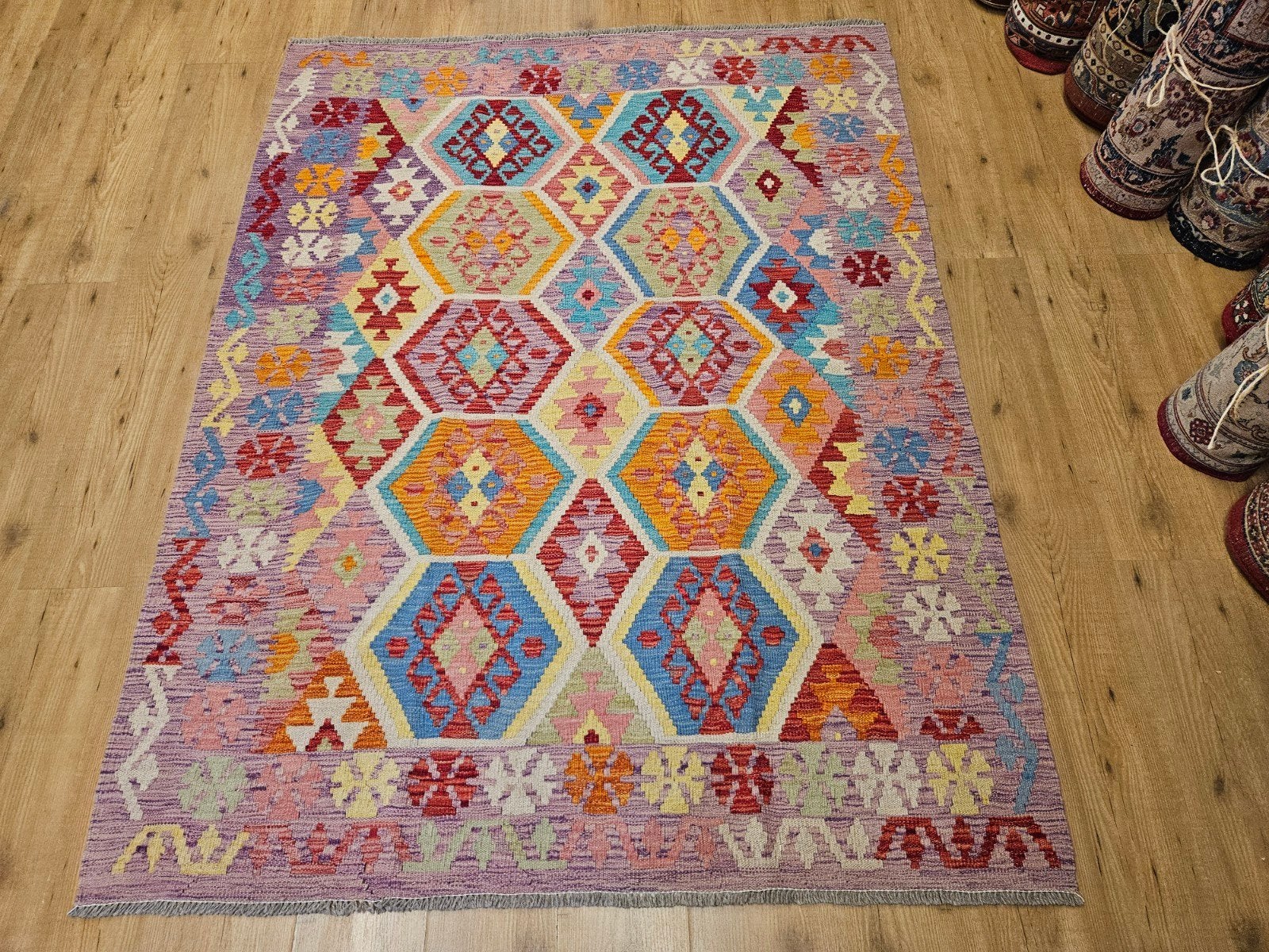 handgeweven oosterse wollen kelim 197x151, Info@SlatsAntiek.nl, Crème, 150 tot 200 cm, Vof Slats Antiek