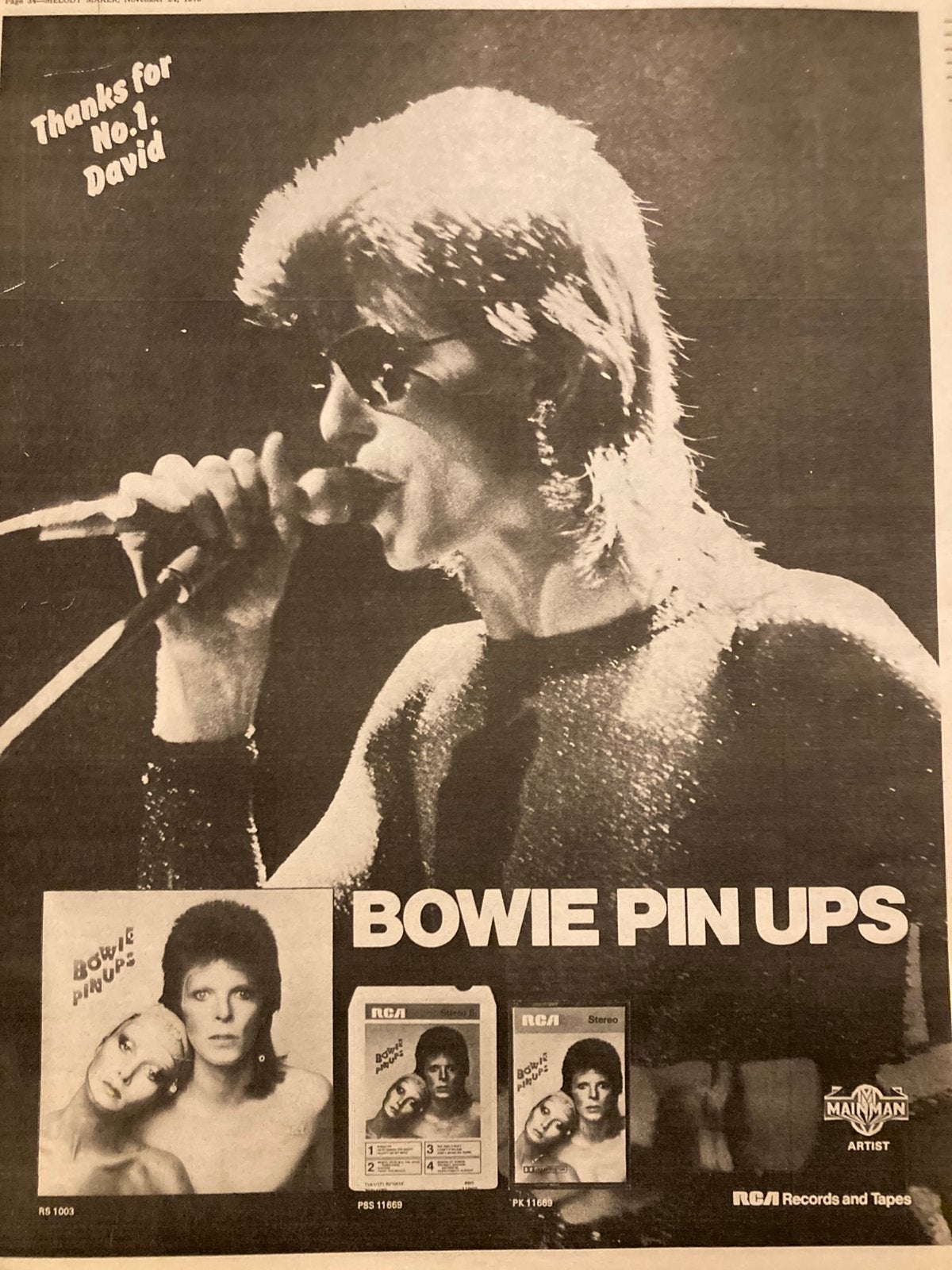 Paginagrote A3 advertentie DAVID BOWIE Pin Up release, Ophalen of Verzenden, Zo goed als nieuw