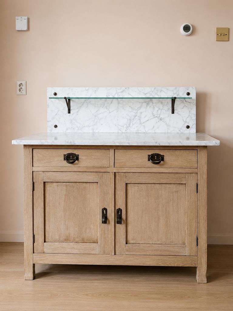 Antiek dressoir met Carrara marmeren blad – eikenhout, Ophalen, Gebruikt, 100 tot 150 cm, Eikenhout