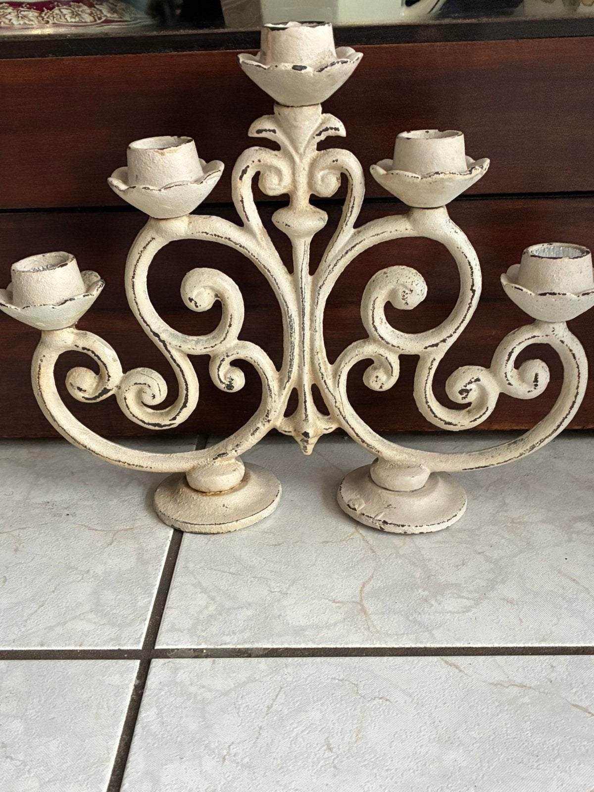 Brocante zware gietijzeren 5 armige kandelaar, Ophalen, Gebruikt, Kandelaar