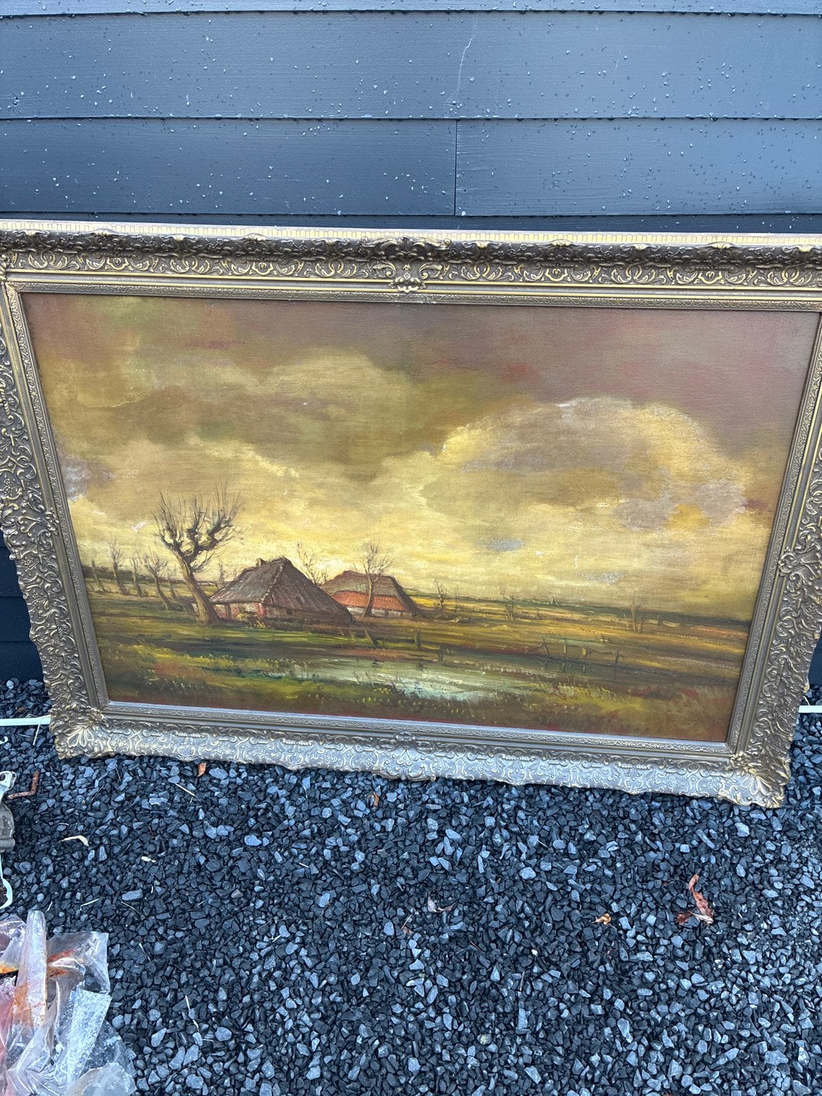 Olieverfschilderij Landschap met boerderijen, Doek, Ophalen of Verzenden, Gesigneerd, Landschap