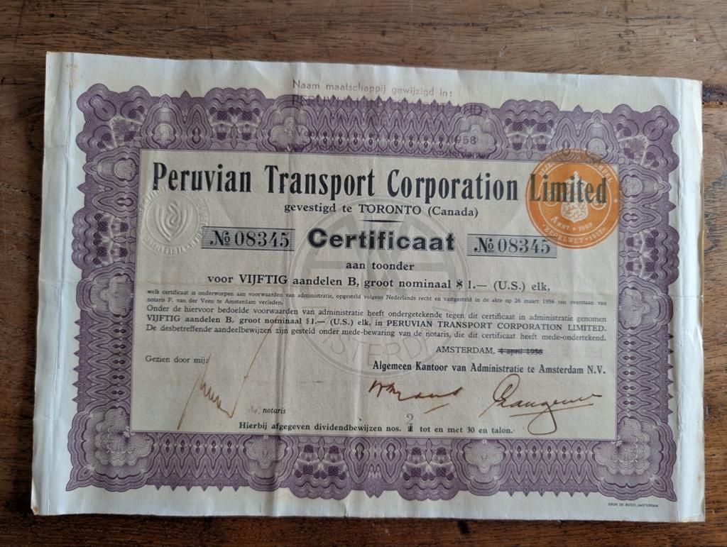 Peruvian Transport Corporation Limited Aandelen uit 1956, Postzegels en Munten, Ophalen of Verzenden, 1950 tot 1970, Certificaat van aandeel