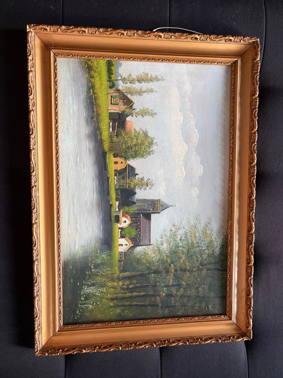 Olieverfschilderij Hollands landschap met kerk en water, Doek, Realistisch, Ophalen of Verzenden, Olieverf