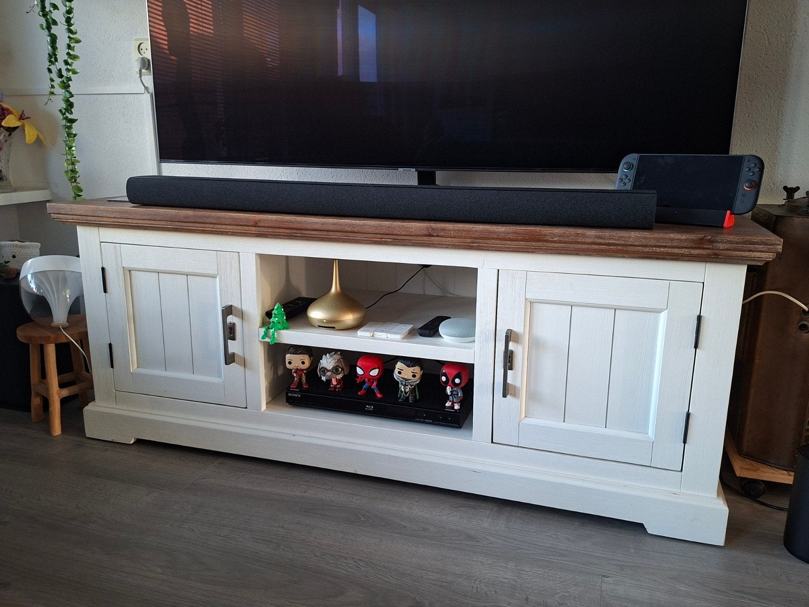 Tv-meubel wit met houten blad, Ophalen, Gebruikt, 100 tot 150 cm, Minder dan 100 cm