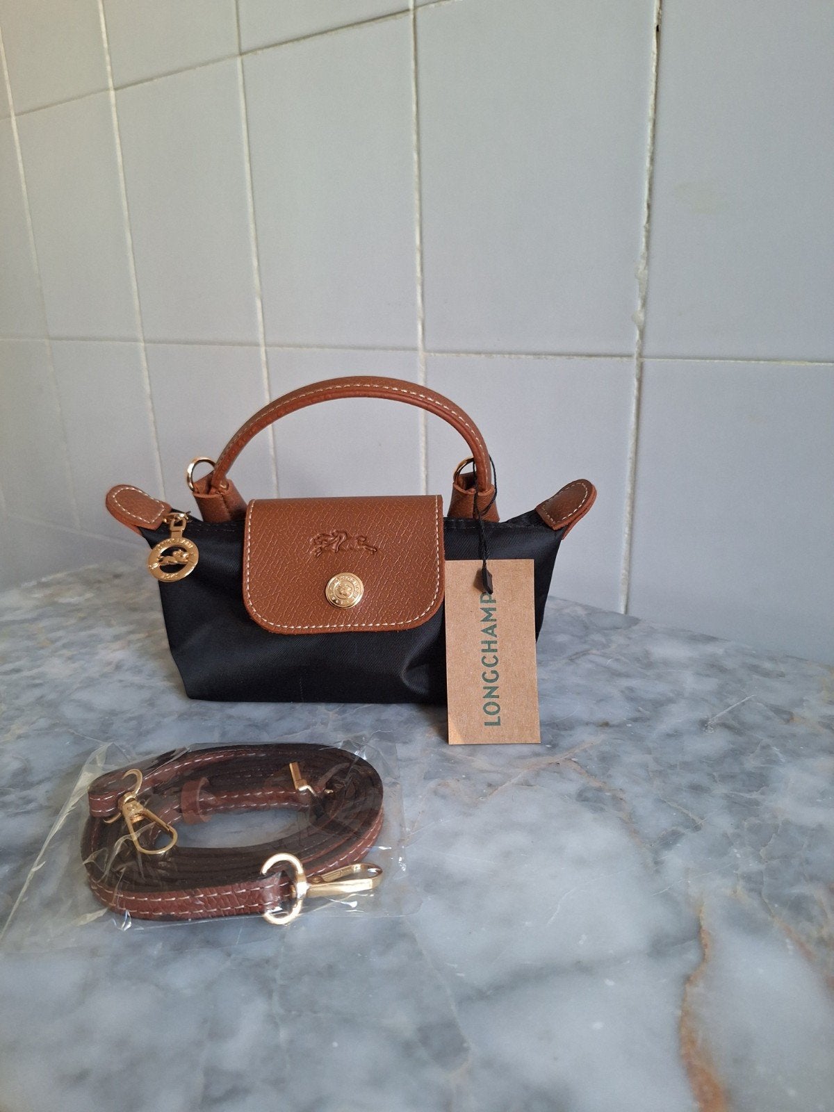 Longchamp Le Pliage Mini Handtas Zwart/Bruin, Ophalen of Verzenden, Nieuw, Zwart, Handtas
