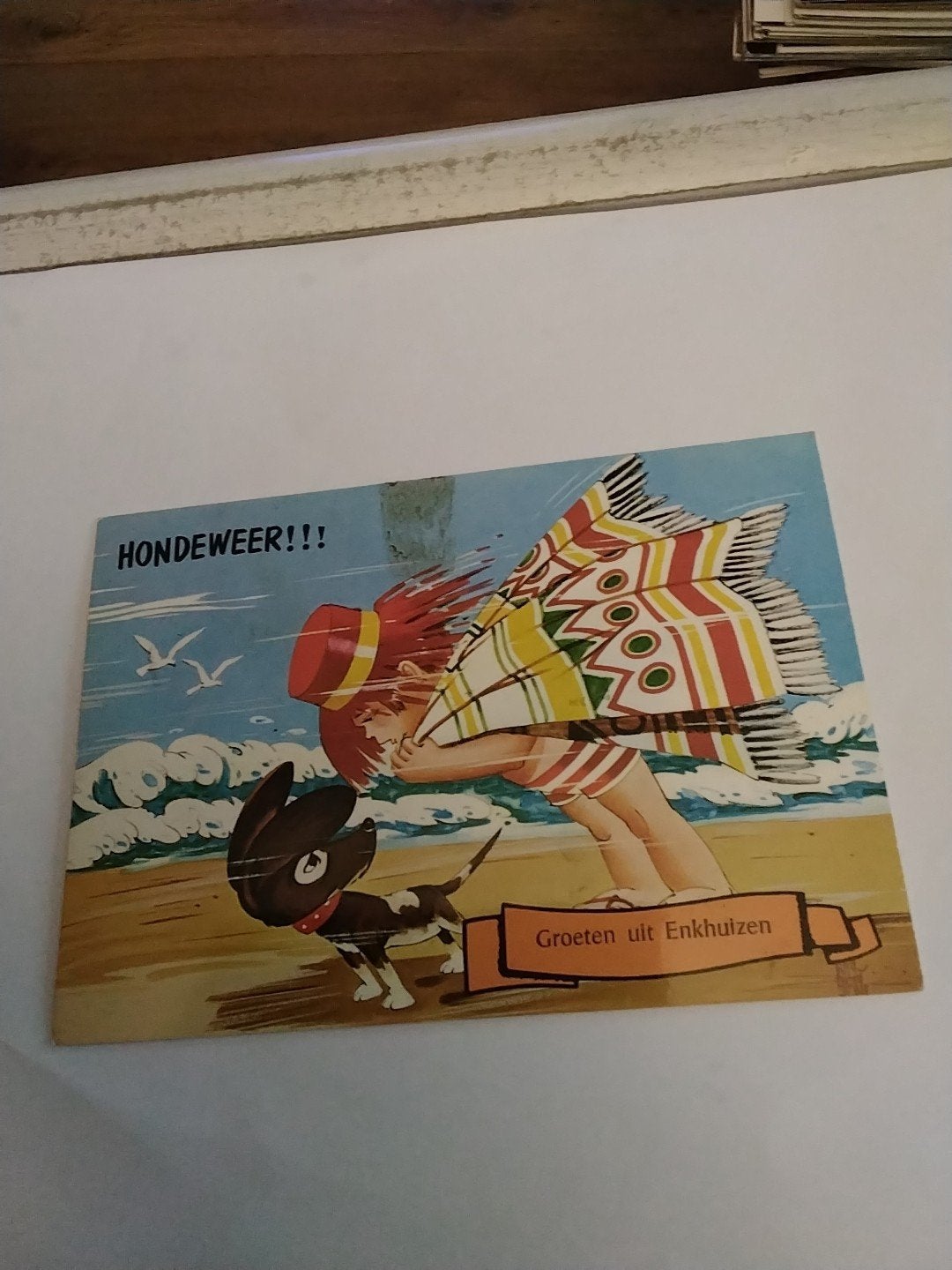 Vintage Ansichtkaart "Hondeweer!!! Groeten uit Enkhuizen", Verzamelen, Ansichtkaarten | Themakaarten, Ophalen of Verzenden