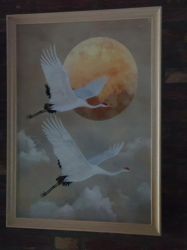 Muurposter Kraanvogels in houten lijst 55,5B x 75,5H, NIEUW!, Huis en Inrichting, Ophalen, Nieuw, 50 tot 75 cm, Foto of Poster