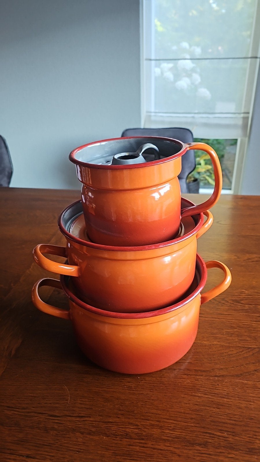 Vintage geëmailleerde potten en theepot - Oranje set, Ophalen of Verzenden