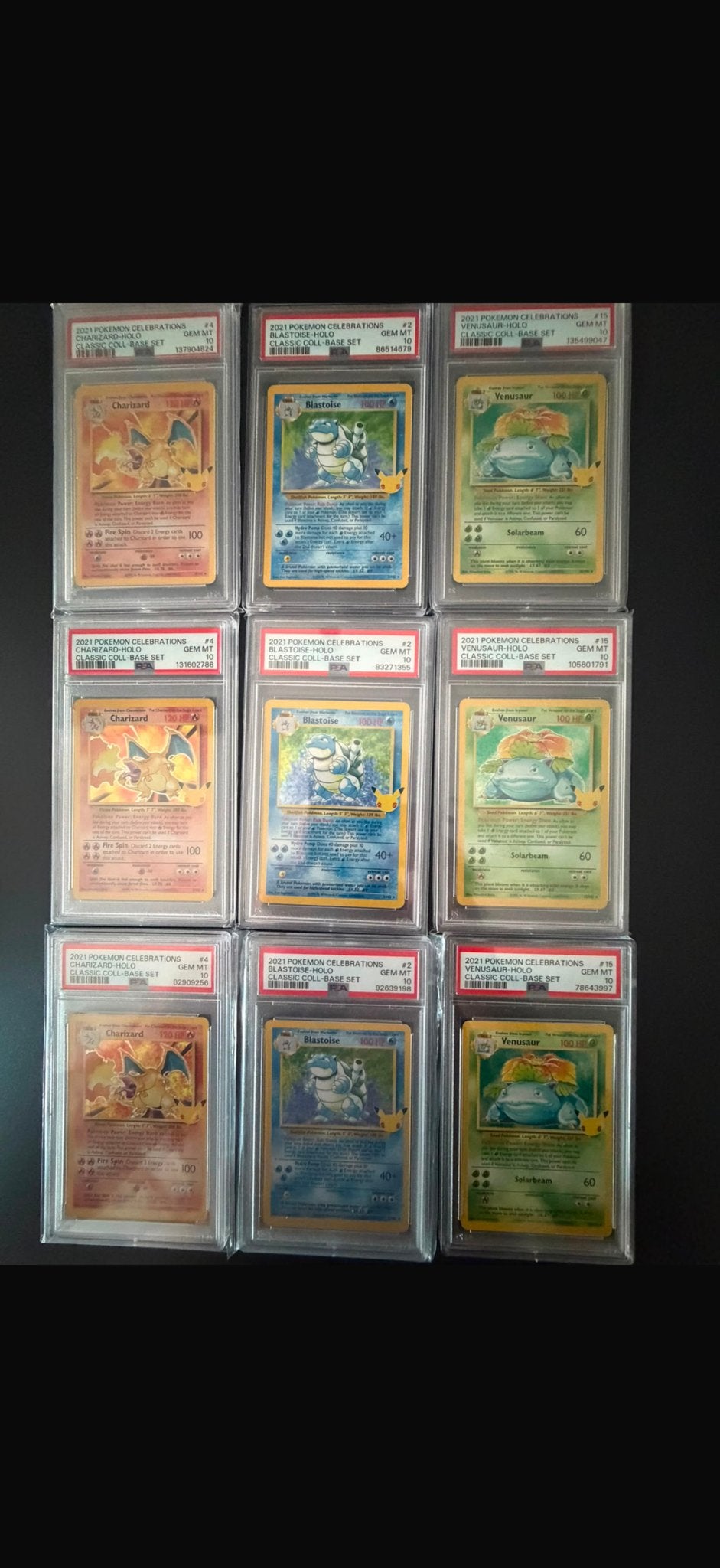 Pokémon Celebrations PSA 10 Charizard Blastoise Venusaur Set, Hobby en Vrije tijd, Ophalen of Verzenden, Zo goed als nieuw, Meerdere kaarten