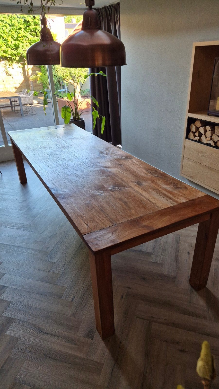 Grote Teakhouten Eettafel - 302x100 cm, Huis en Inrichting, Tafels | Eettafels, Ophalen, Teakhout, 200 cm of meer, 50 tot 100 cm