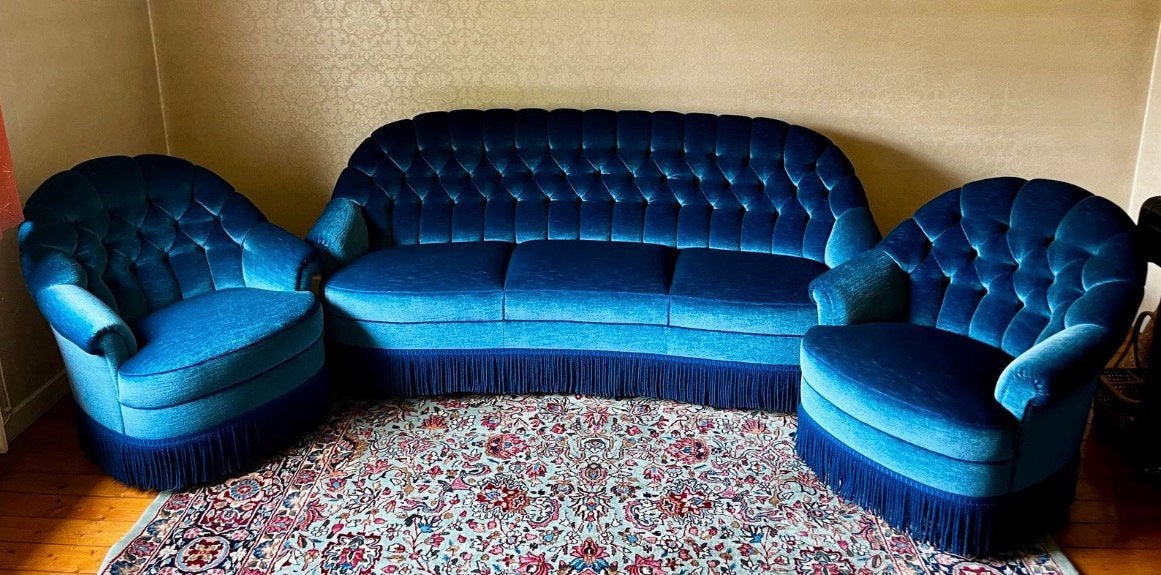 Vintage bank fauteuil sofa bankstel boudoir blauw barok, Antiek en Kunst, Antiek | Meubels | Stoelen en Banken, Ophalen