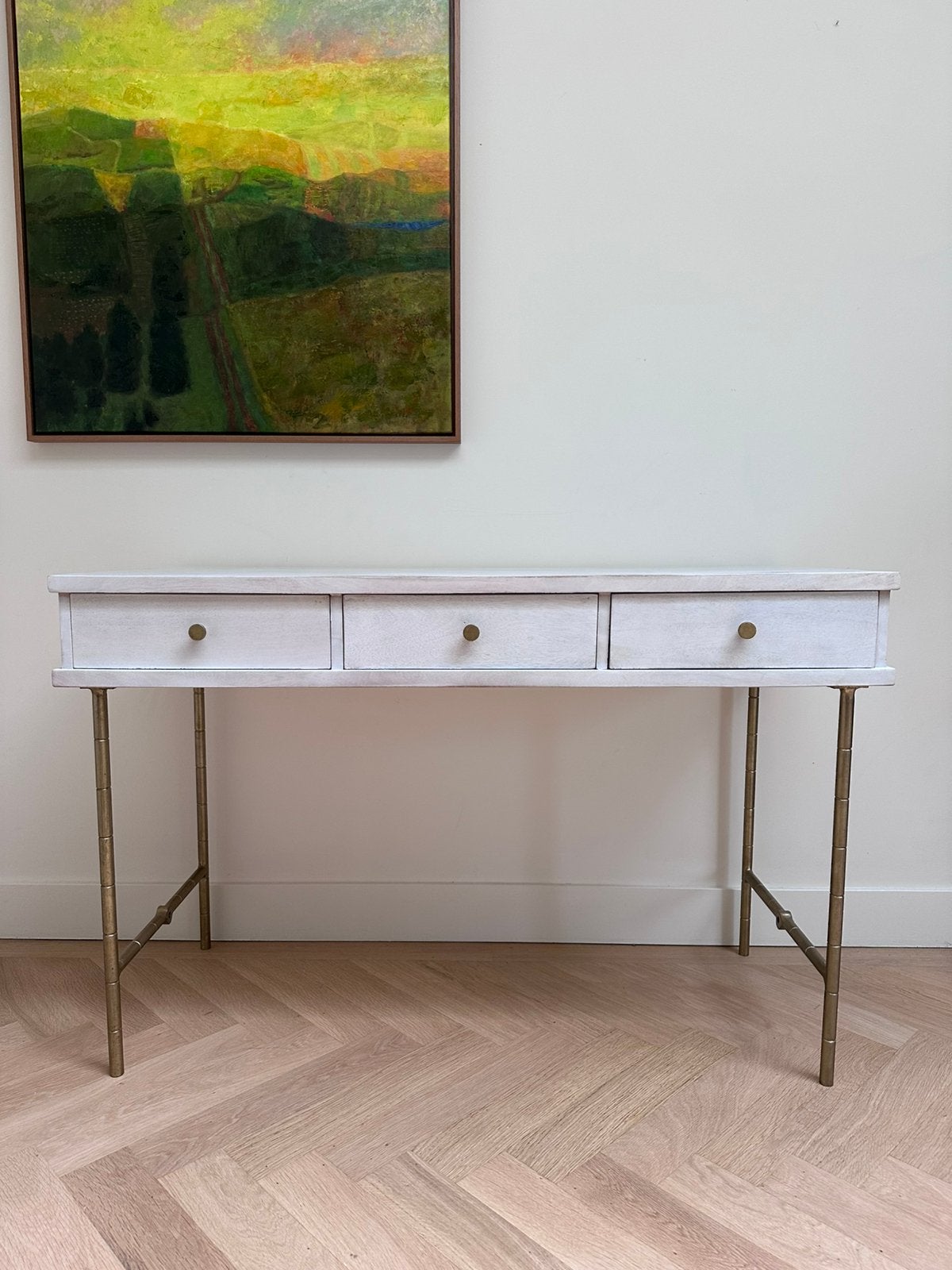 Atkin & Thyme Keiko Kaptafel / Bureau – Mangohout & Messing, Ophalen, Gebruikt, 48 cm, 120 cm