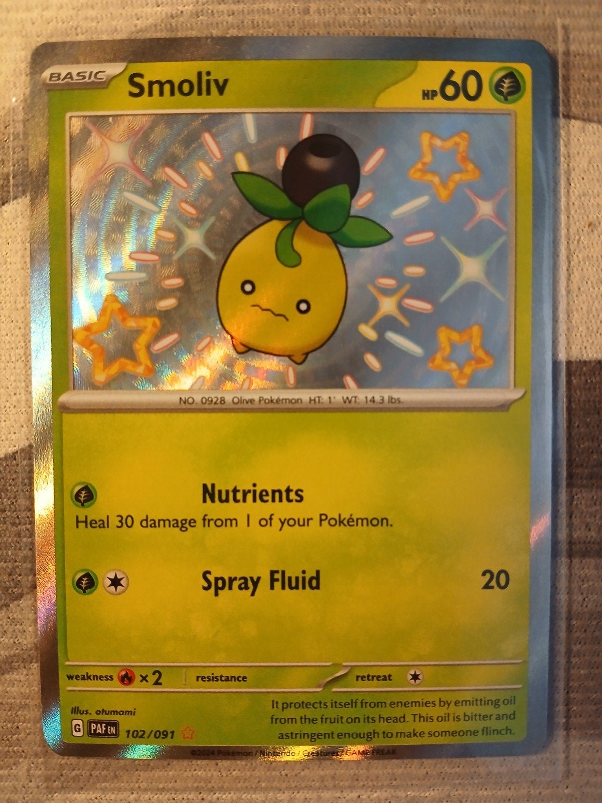 Pokemon paldean fates shiny smoliv 102/091, Ophalen of Verzenden, Zo goed als nieuw, Losse kaart, Foil