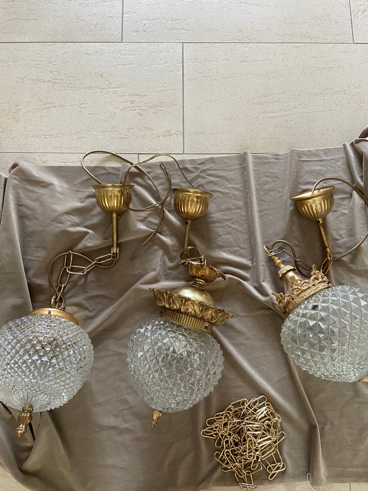 Set 3 vintage hanglampen glas/messing, Ophalen, Gebruikt