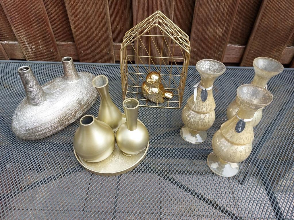 Diverse decoratieve vazen en gouden vogelkooi, Huis en Inrichting, Woonaccessoires | Vazen, Overige materialen, Overige kleuren