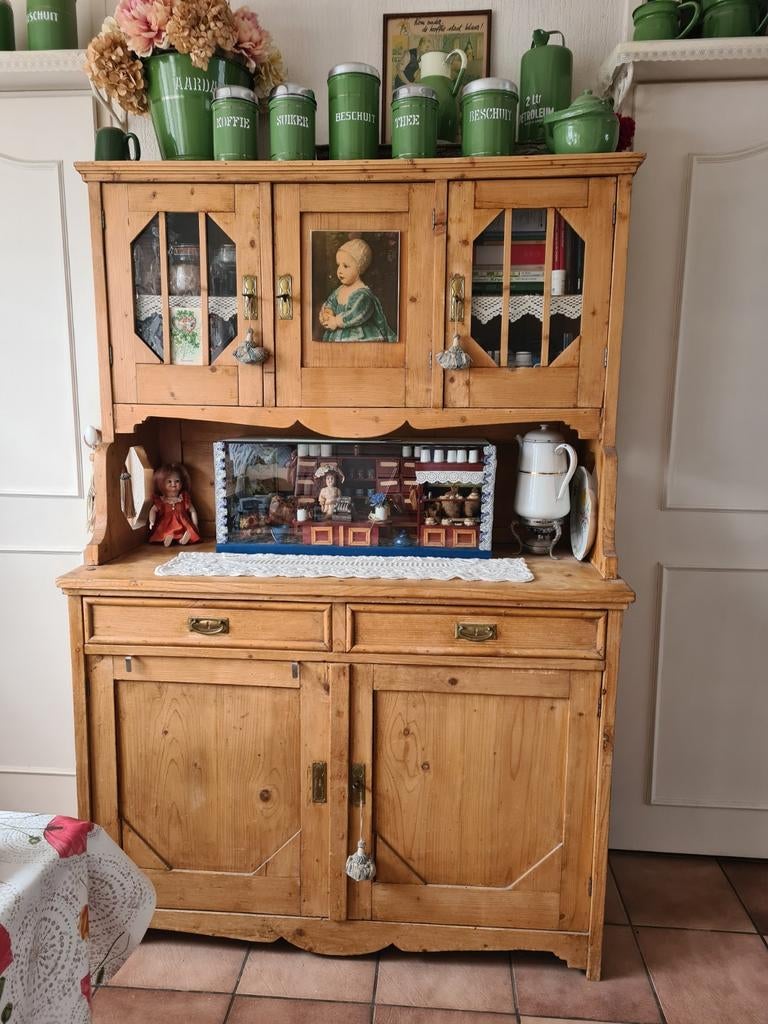 Antieke GRENEN BUFFETKAST uit ca.1890, Ophalen, Boeren, brocante, boerderij, landelijk, Gebruikt, 50 tot 75 cm