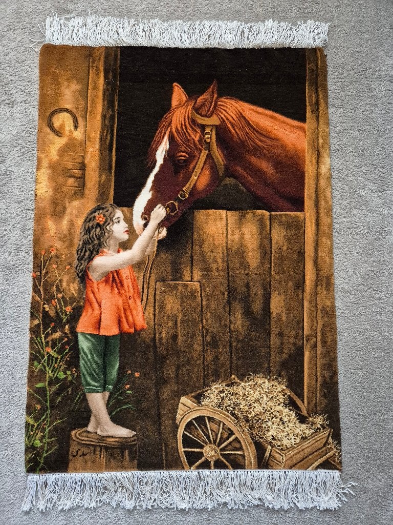 Handgeknoopt Perzisch WandTapijt Asadi (Tabriz)- Met Paard, Antiek en Kunst, Ophalen of Verzenden