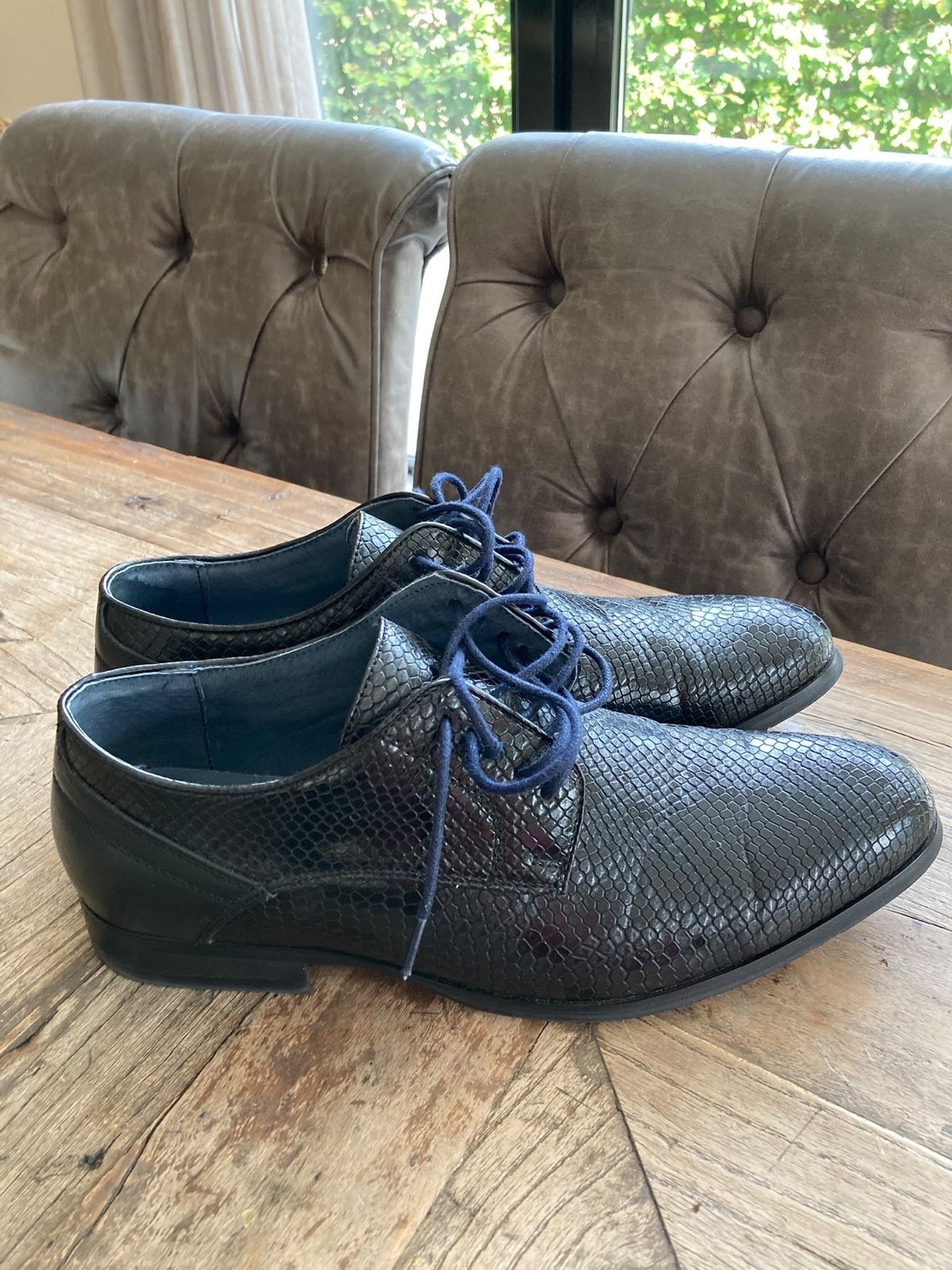 Dolcis | Zwarte herenschoenen slangenprint en blauwe veters, Ophalen, Zwart, Zo goed als nieuw, Veterschoenen