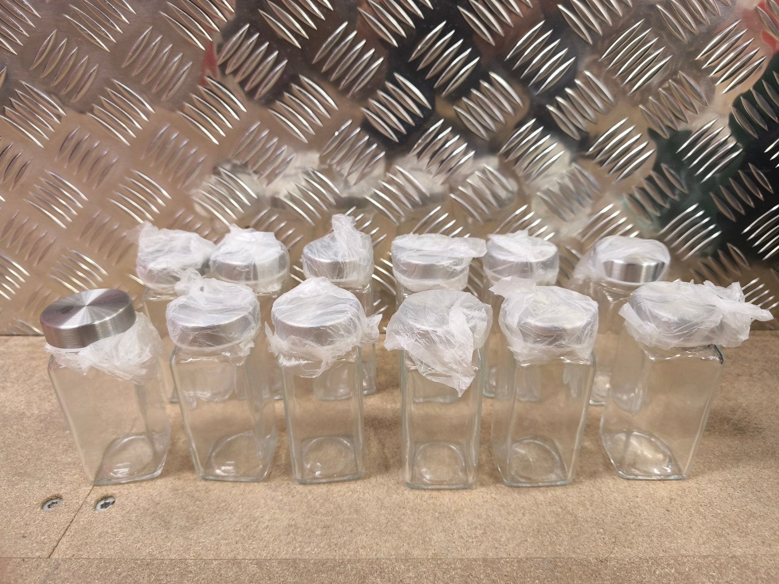 12x Glazen Kruidenpotjes met RVS Deksel en Labels, Ophalen, Glas, Voorraadpot, Overige merken
